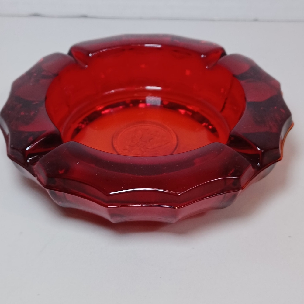 Vintage Fostoria Ruby Red Coin Glass Ashtray With Raised Eagle Coin Emblem